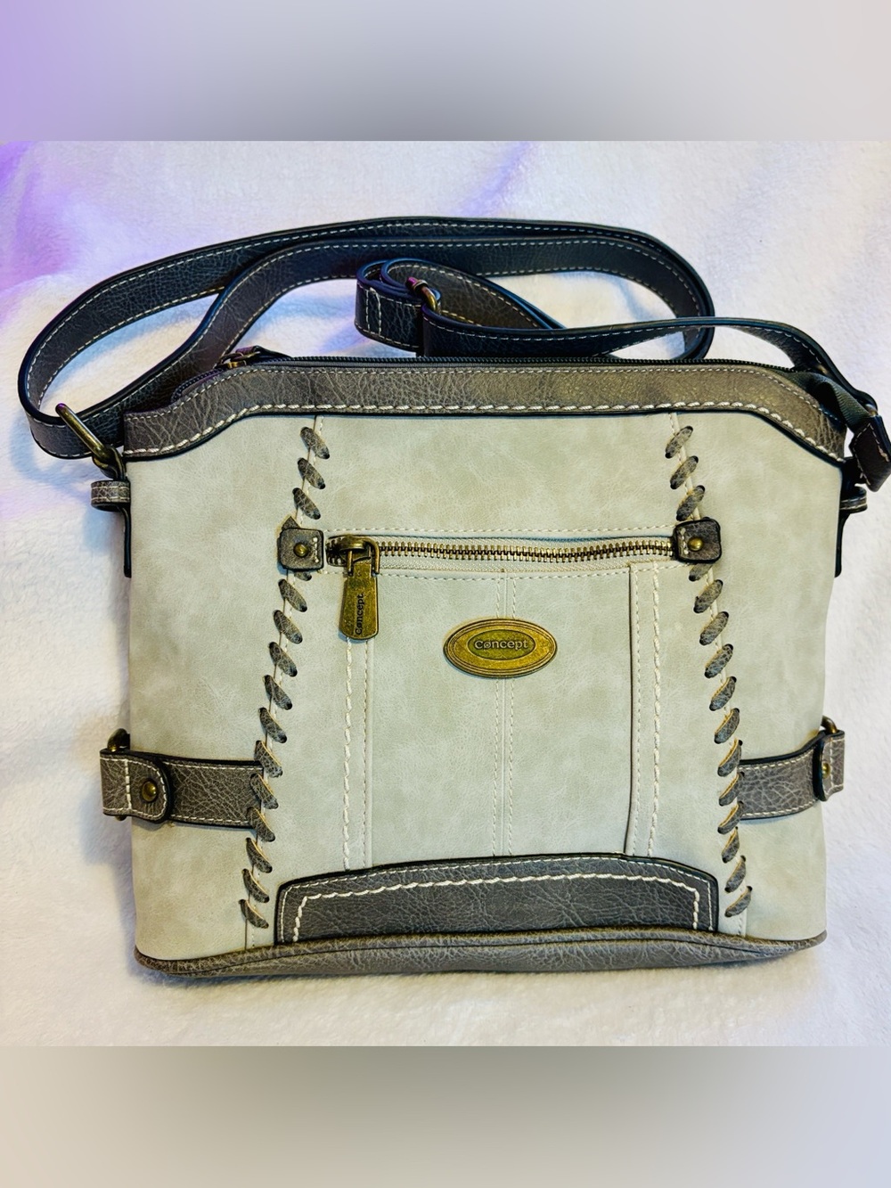 Concept  Light Gray Faux Leather Crossbody Bag with Dark Gray Trim